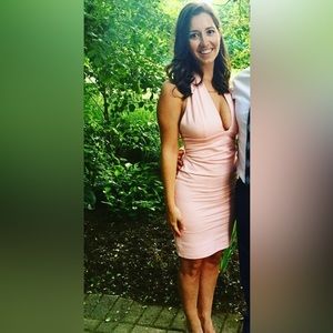 Pale pink stretchy halter dress.
